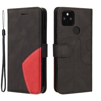 KT Leather Series-1 tofarger kontrast PU-lær lommebokstativ-etui med håndleddsrem for Google Pixel 5 XL - Svart