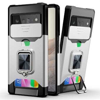 Kortspor Kickstand PC + TPU Hybrid Etui Kamera Skyvebeskytter Telefon Skall for Google Pixel 6 Pro