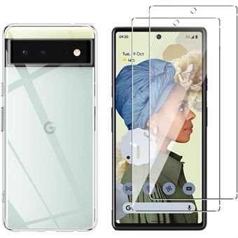 Klar myk TPU-telefondeksel med anti-avtrykk beskyttelse, inkludert 2 pakker med herdet glass skjermbeskytter til Google Pixel 6.