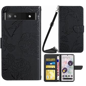 For Google Pixel 6a TPU+PU-lær telefonveske, etui med skinnfølelse, stativ, sommerfugl- og blomstermønster, lommebokdeksel med skulderrem.
