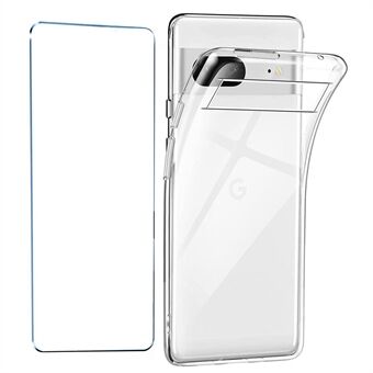 For Google Pixel 7 5G Soft TPU gjennomsiktig telefondeksel med 2.5D buet kantet herdet glass skjermbeskyttelse.