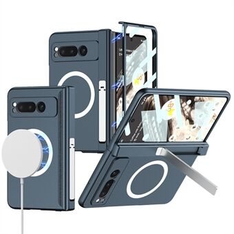 For Google Pixel Fold magnetisk telefonveske med PC-støtteben og temperert glass skjermbeskyttelse.
