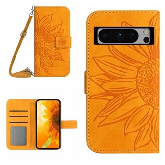 HT04 for Google Pixel 8 Pro Skin-Touch PU Leather Case Wallet Stand Imprinted Phone Cover med skulderreim.
