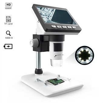 Inskam307 1000X 4,3-tommers HD 1080P LCD digitalt mikroskop justerbart skrivebordsmikroskopkamera med 8-LED (støtter 10 språk)