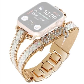 For Apple Watch Series 8 7 41mm / Series 6 5 4 SE SE (2022) 40mm / Series 1 2 3 38mm Leather+Metal Watch Rem with Rhinestone
