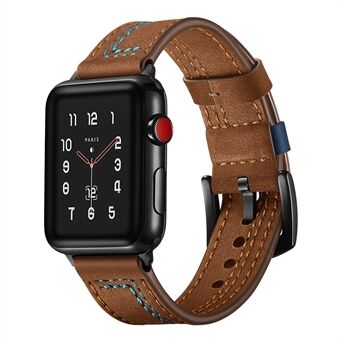 7-shaped Stitches Genuine Leather Watch Strap Band for Apple Watch Series 6 SE 5 4 44mm/Series 3 2 1 42mm
