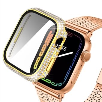 For Apple Watch Series 7 45 mm fasjonabelt rhinestone-dekorert PC-klokkeveske med HD-skjermbeskytter i herdet glass