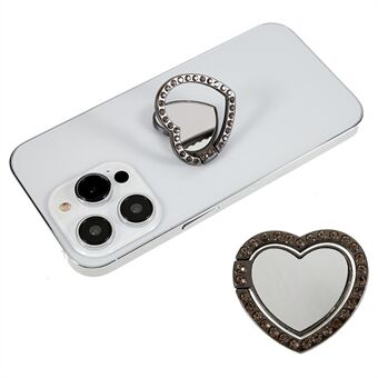 Mobiltelefon-ringholder med speil, rhinestone-detaljer, finger-ring, kickstand og telefonholder.