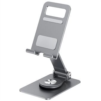 Sammenleggbar mobilholder med 360 graders rotasjon og justerbart vinkel for bruk på skrivebordet.