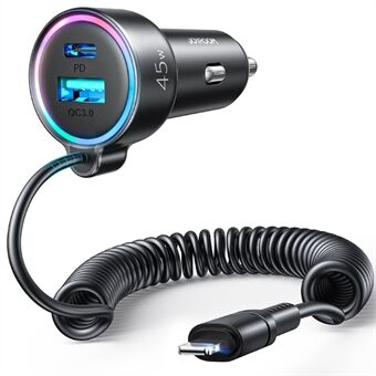 JOYROOM JR-CL07 3 in 1 55W Fast Charging PD + QC3.0 with Lightning Port Coiled Cable Car Charger