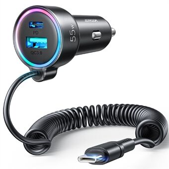 JOYROOM JR-CL07 55W Fast Charging PD + QC3.0 with Type-C Port Coiled Cable Car Charger