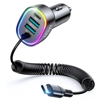 JOYROOM JR-CL19 4 in 1 USB+Type-C 60W Car Charger with 1.6m Coiled Type-C Cable PD QC Fast Charger