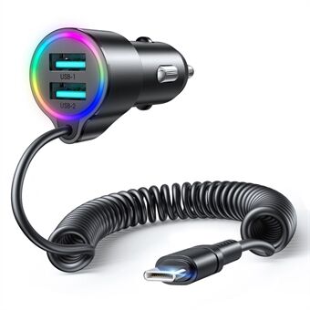 JOYROOM JR-CL24 USB-C + 2USB Car Charger 3-Port 3.4A Fast Car Charger with 1.5m Type-C Coiled Cable 3-in-1 Car Charger