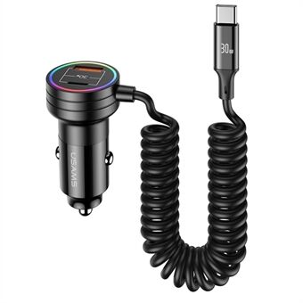USAMS US-CC167 C33 60W USB+Type-C Dual Ports Car Charger with Spring Cable and Ambient Light