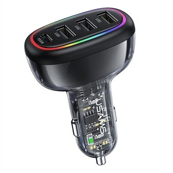 USAMS US-CC170 C34 PD 30W 3 USB-A + 1 Type-C 48W Transparent Fast Charger with Colorful Light for 12V-24V Cars
