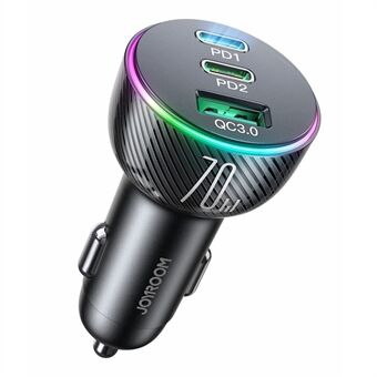 JOYROOM JR-CL26 3 Ports (2PD+1USB) Car Charger QC3.0+PD3.0 70W Fast Charging Phone Charger Adapter with Colorful LED Light