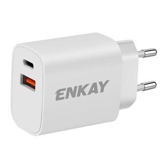ENKAY HAT Prince PD 20W+QC 3.0 Type C USB Dual Ports Vegglader Strømadapter for Apple Android - EU Plugg