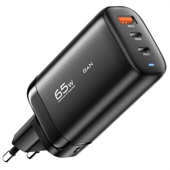 ESSAGER 65W GaN reiseladedokking Strømadapter 3-utgang Type-C+ USB-A EU-plugg Vegglader [med CE-sertifikat] for nettbrett/smarttelefoner