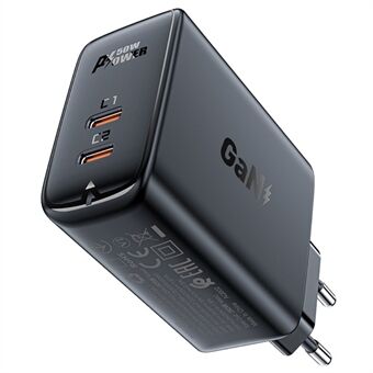 ACEFAST A29 EU-plugg PD 50W GaN USB-C+USB-C Dual Port Vegglader Telefon Hurtigladeadapter