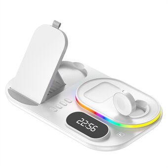 A06 4-i-1 telefonklokke Øretelefon trådløs lader Digital klokke 15W telefon trådløs Stand med RGB-lys (for Samsung Smart Watch)