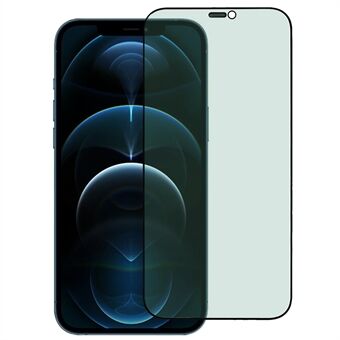 For iPhone 12 Pro Max 6,7 tommer Grønt lys Høyt aluminium-silisium Glass Silketrykk Antistatisk fullskjermbeskytter med støvtett nett
