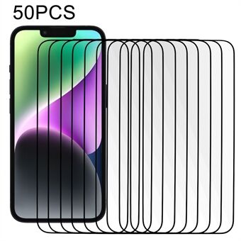 50 STK For iPhone 15 Silke Utskrift Skjermbeskytter Full Deksel Herdet Glass Full Lim 2.5D Film med Dsut-proof Nett