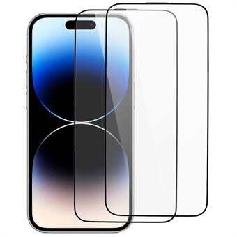 2 stk for iPhone 15 Pro silkeutskrift fullskjermbeskytter tykk lim høy aluminium-silisium glassfilm med anti-støv nett