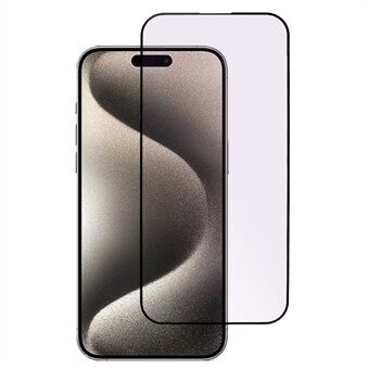 Full lim beskyttelsesfilm for iPhone 15 Pro Max, lilla lys svart kant, herdet glass, silke-skrive film.