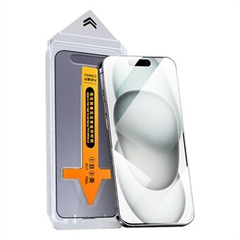 RURIHAI for iPhone 15 fullstendig dekkende skjermbeskytter støvfri AGC-glass ultraklar film.