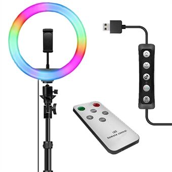 JY260Z 10-tommers justerbar RGB- Ring Selfie-lys Roterende videofyllingslys med telefonklemme for live-stream-fotografering (uten stativ)