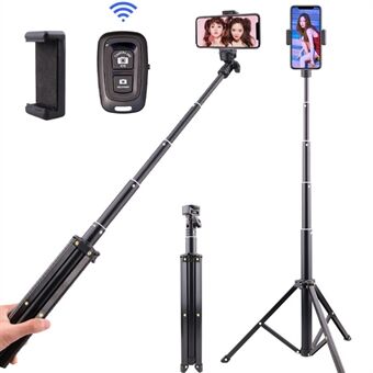T9 5-seksjons 140 cm teleskopisk Selfie Stick-telefonholder Live Streaming Stand med telefonklemme + Bluetooth-fjernkontroll + oppbevaringspose