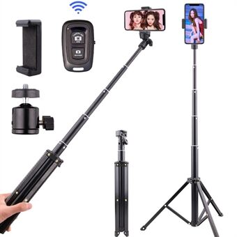 T9 1,6 m teleskopisk Selfie Stick-telefonholder Stativ Videoopptak Live Streaming- Stand med telefonklemme + Bluetooth-fjernkontroll + oppbevaringspose