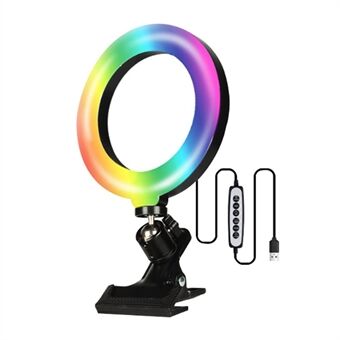 6-tommers RGB LED-videolys 360-graders roterende selfie- Ring Desktop Live-stream fotografering Fyll lampe med klemme