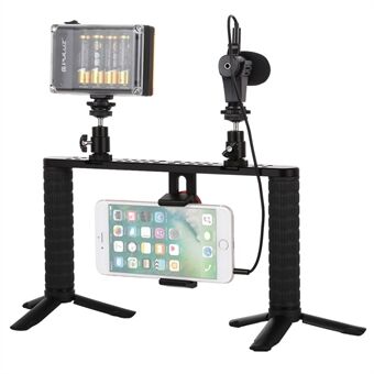 PULUZ PKT3024 4-i-1 direktesending LED Selfie-lys Smartphone Videorigghåndtak Stabilisatorbrakettsett Mikrofonstativ