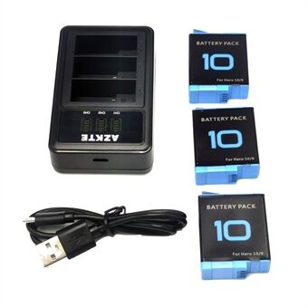 AZKTE AT1277 LCD Display Battery Charger + 3 Batteries Camera 1800mAh Battery Charging Dock Set for GoPro Hero 10/9