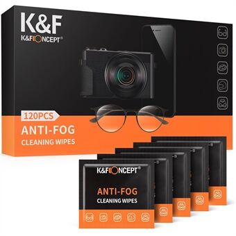 K&F CONCEPT KF08.036 120 stk / sett anti-dugg rengjøringsservietter for kameralinser, briller, mobiltelefoner, bærbare datamaskiner 6x4 tommer stor størrelse tåkesikre rengjøringsservietter