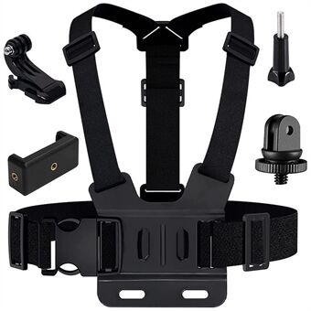For GoPro Hero 11/10/9/8/7/6/5/4/3+ brystbelte 5-i-1 kroppsselefestesett med 1/4" adapter, klips, lang skrue