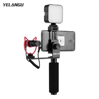 YELANGU Smartphone Håndgrep Stabilisator Håndholdt Vlogging Holder Montering 40mm-85mm Bredde med mikrofon og Mini LED-lys